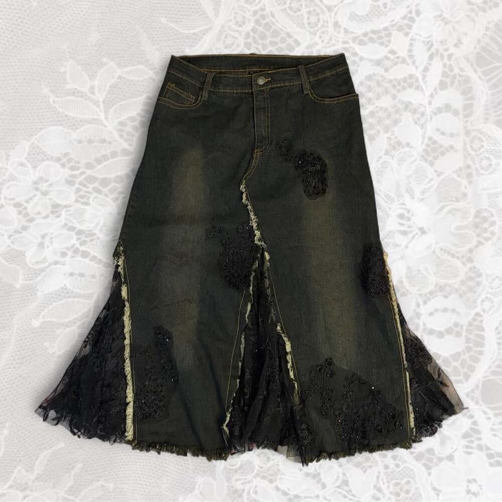 Unbranded Black Beaded Lace Patchwork Distressed Denim Skirt